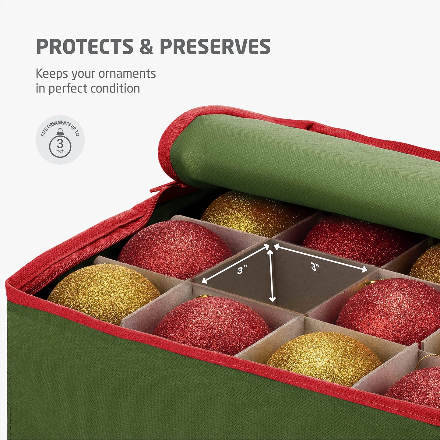 ZOBER Large Christmas Ornament Storage Box - Stores 128 3" Ornaments, With Dividers - Ornament Organizer Storage Box, Durable Christmas Containers Holder - Extra Pockets, Dual Zipper - Green