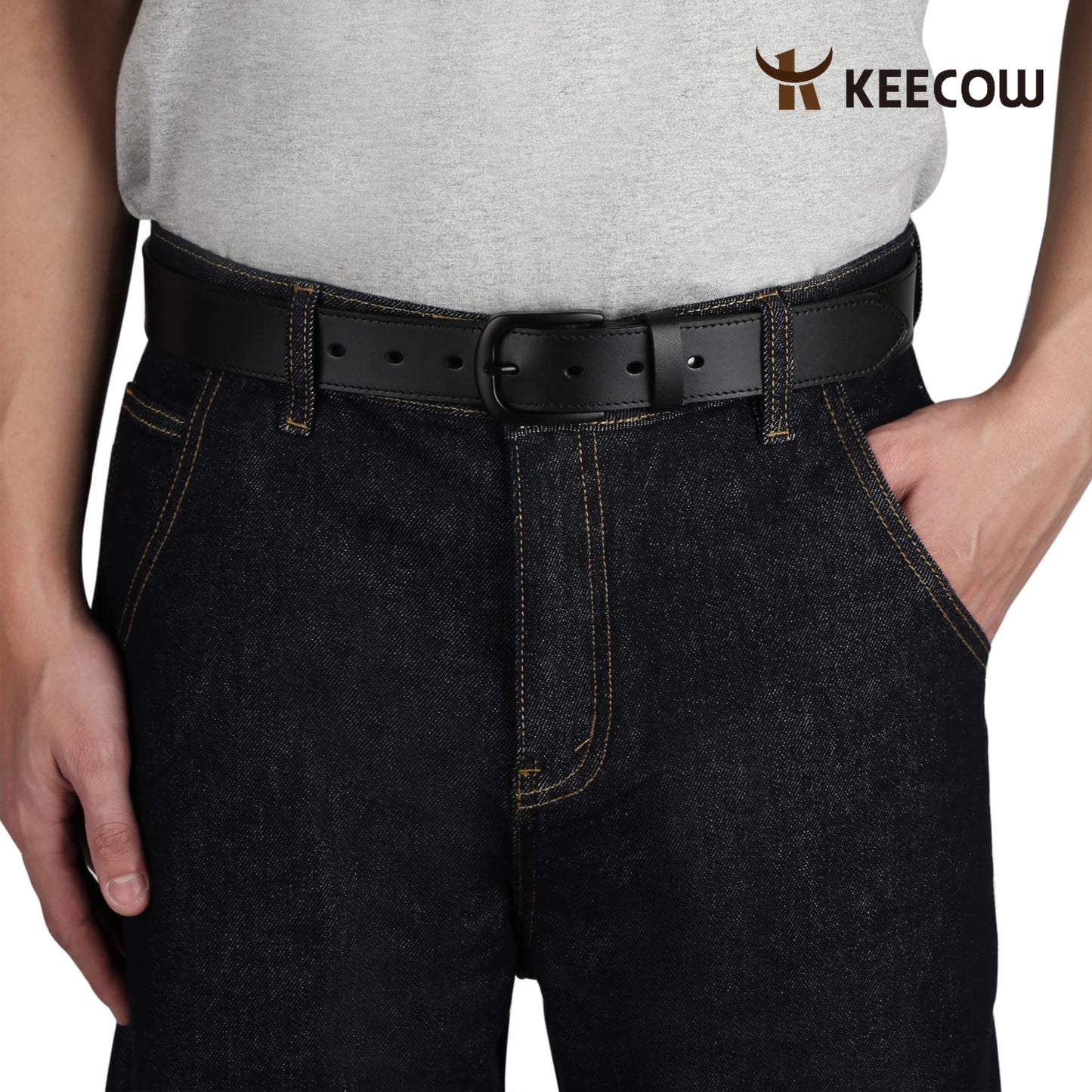 KEECOW Men's 100% Italian Cow Leather Belt Men With Anti-Scratch Buckle,Packed in a Box (Black-1014, 34-38)