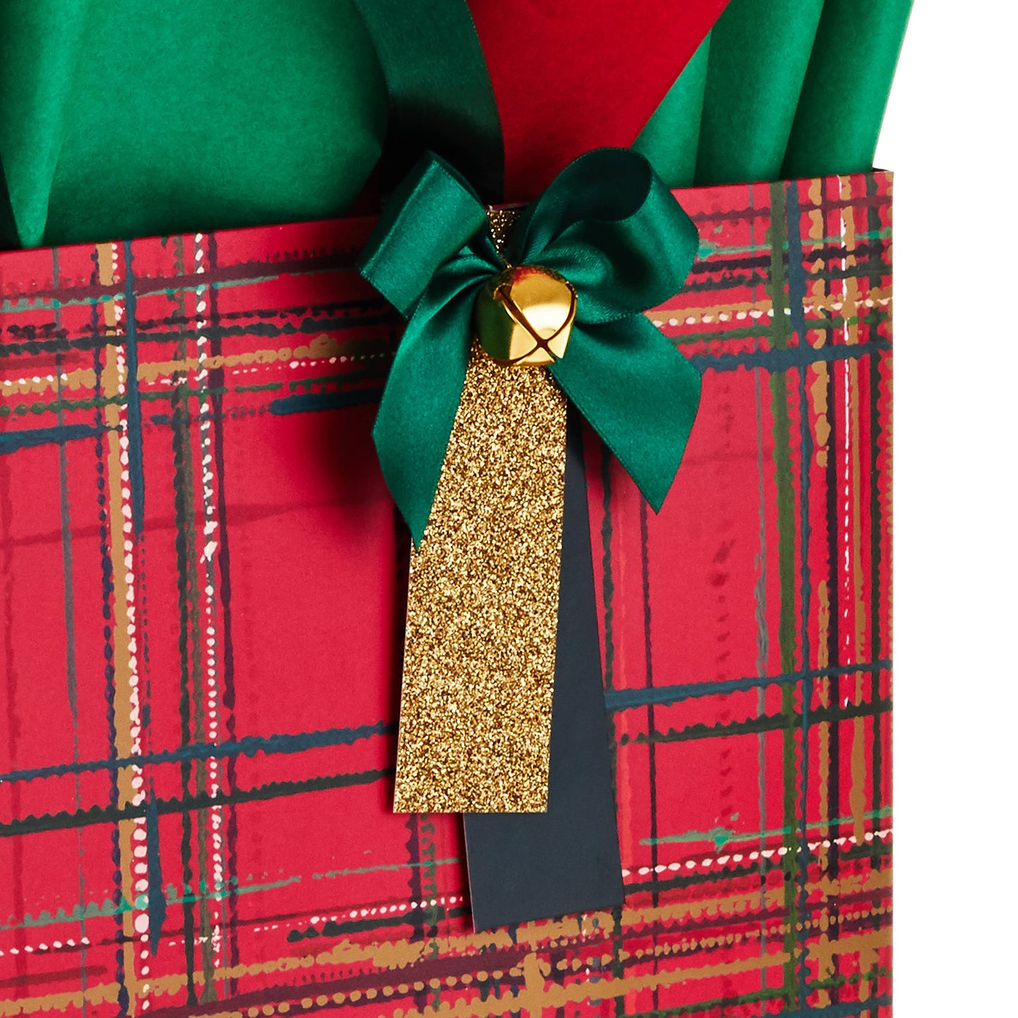 Hallmark Signature 12" Extra Large Square Christmas Gift Bag with Tissue Paper (Red Plaid with Bow and Jingle Bell)