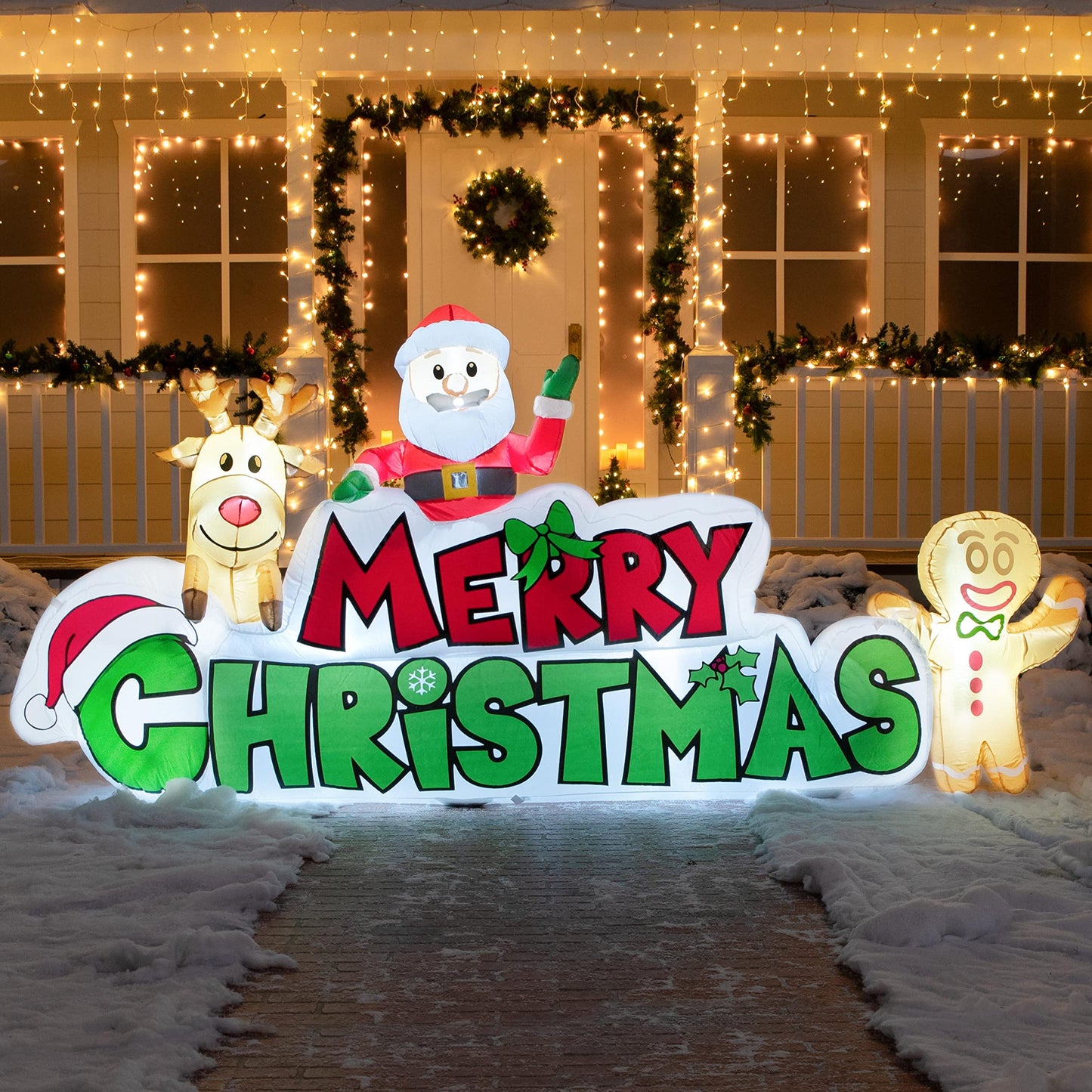 Joiedomi 9.5 FT Christmas Inflatable Merry Christmas Sign with Santa, Reindeer & Gingerbread Man – Built-in LEDs, Outdoor Yard Garden Lawn Winter Decor for Xmas Party