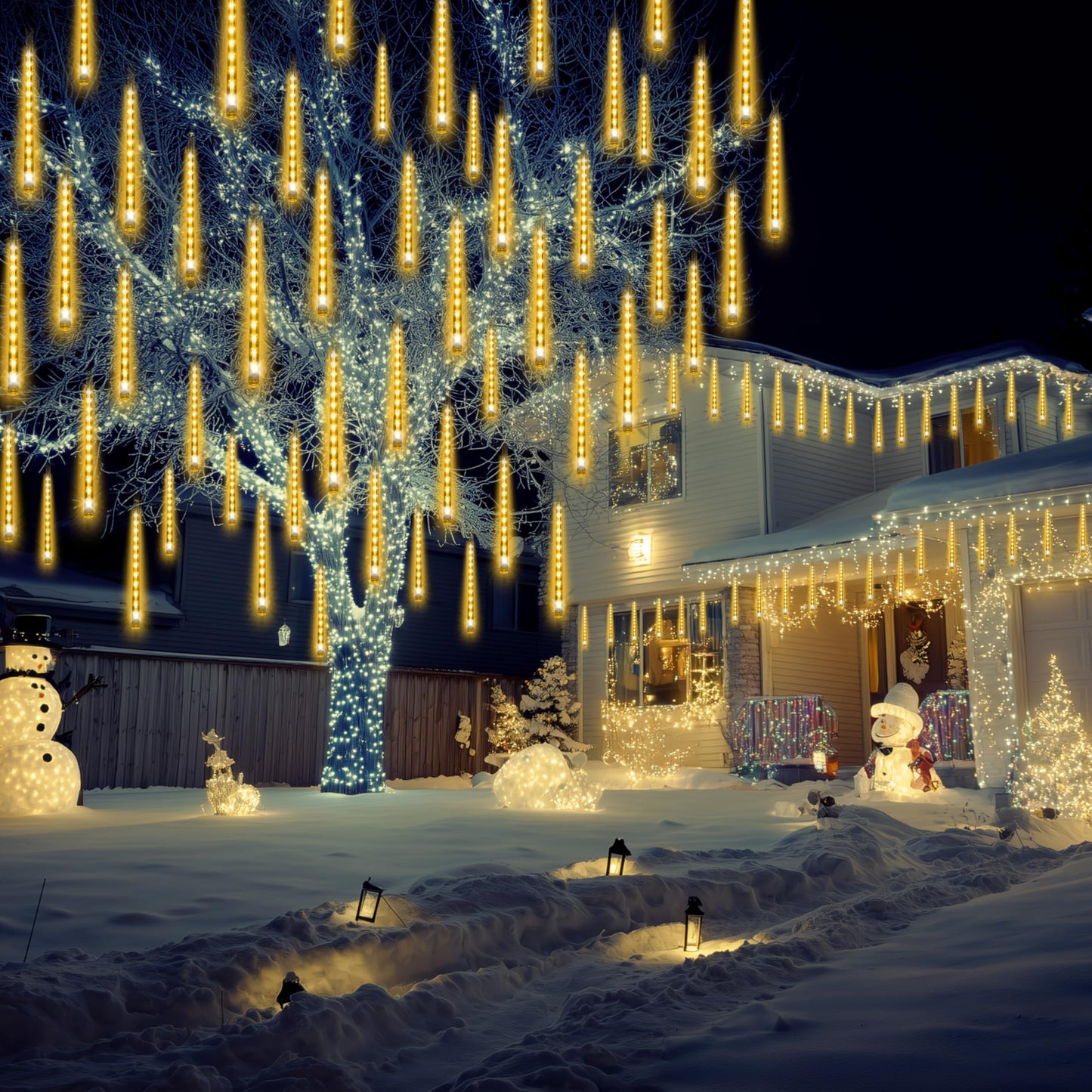 JOYIN Christmas Lights Outdoor,8 Tubes Meteor Shower Lights Warm White,192 LEDs, Snowfall Icicle Cascading Rain Light for Christmas Tree Decorations, Wedding Party Holiday Decor
