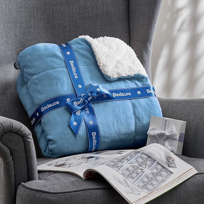 Bedsure GentleSoft Sherpa Fleece Throw Blanket Twin Size for Couch - Thick and Warm Throw for Men, Soft Fuzzy Plush Twin Blanket for Winter, Washed Blue, 60x80 Inches