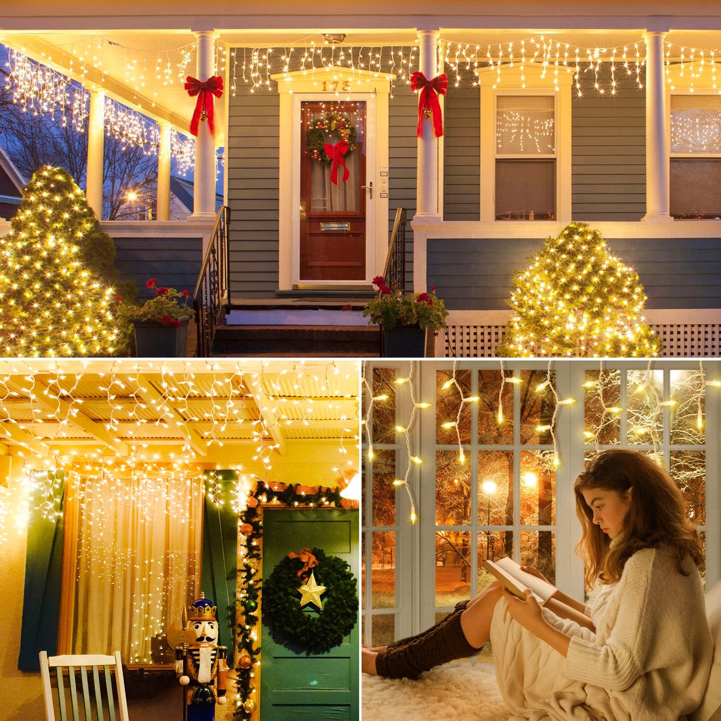 YOUNGAR Icicle Lights Outdoor, 23FT 200 Connectable Icicle Christmas Lights,Warm White Plug in Curtain String Lights for Indoor Wedding Party Holiday Xmas Yard Patio Window Decoration