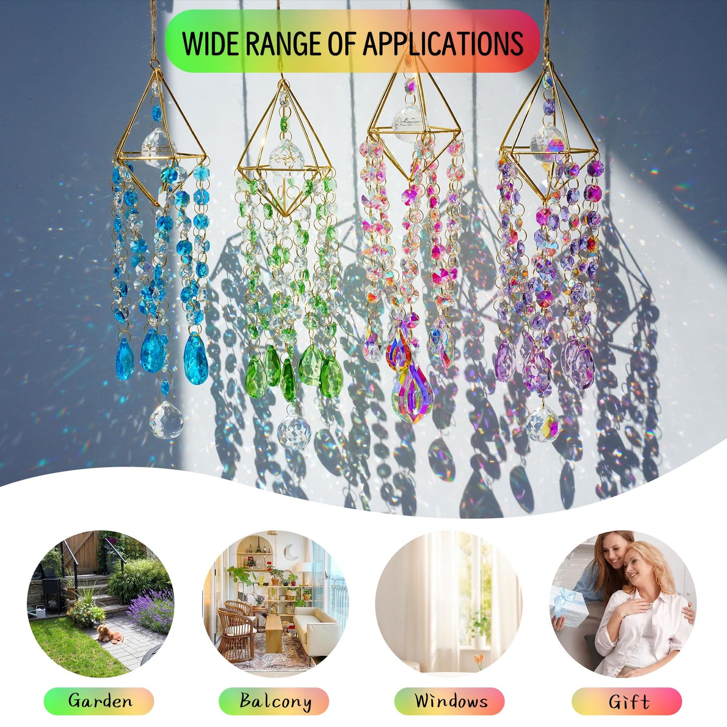HDCRYSTALGIFTS 21.5'' Crystal Suncatchers, Handmade Blue Suncatcher for Window Hanging Crystal Wind Chimes Gold-Plated Sun Catcher with Crystals Indoor Outdoor Decoration Rainbow Maker