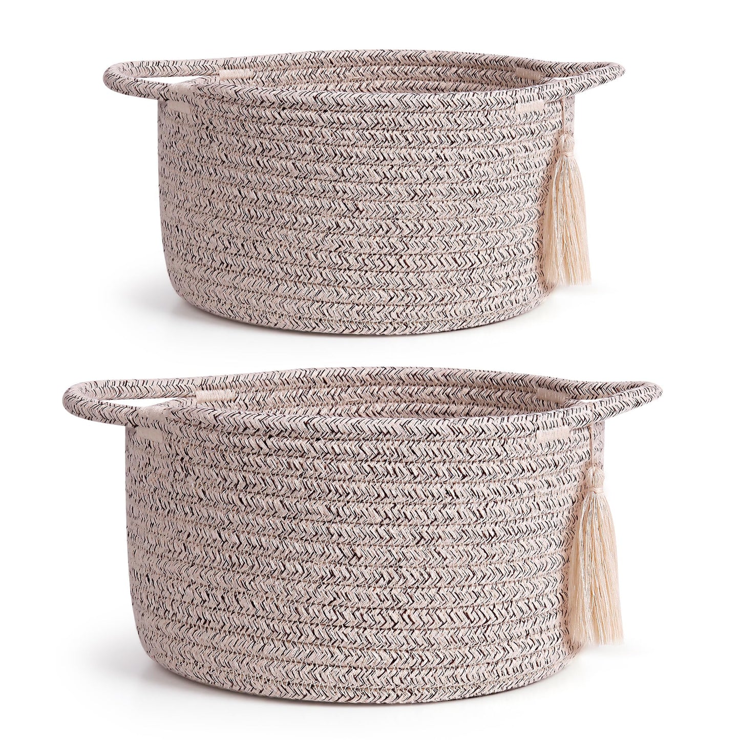 SweetMemo Small Gift Basket Empty Set of 2 - Little Cute Woven Rope Organizer Bins for Baby Shower Gifting, Makeup, Bathroom, Desk, Decorative Vanity - Pre-Shaped, Brown