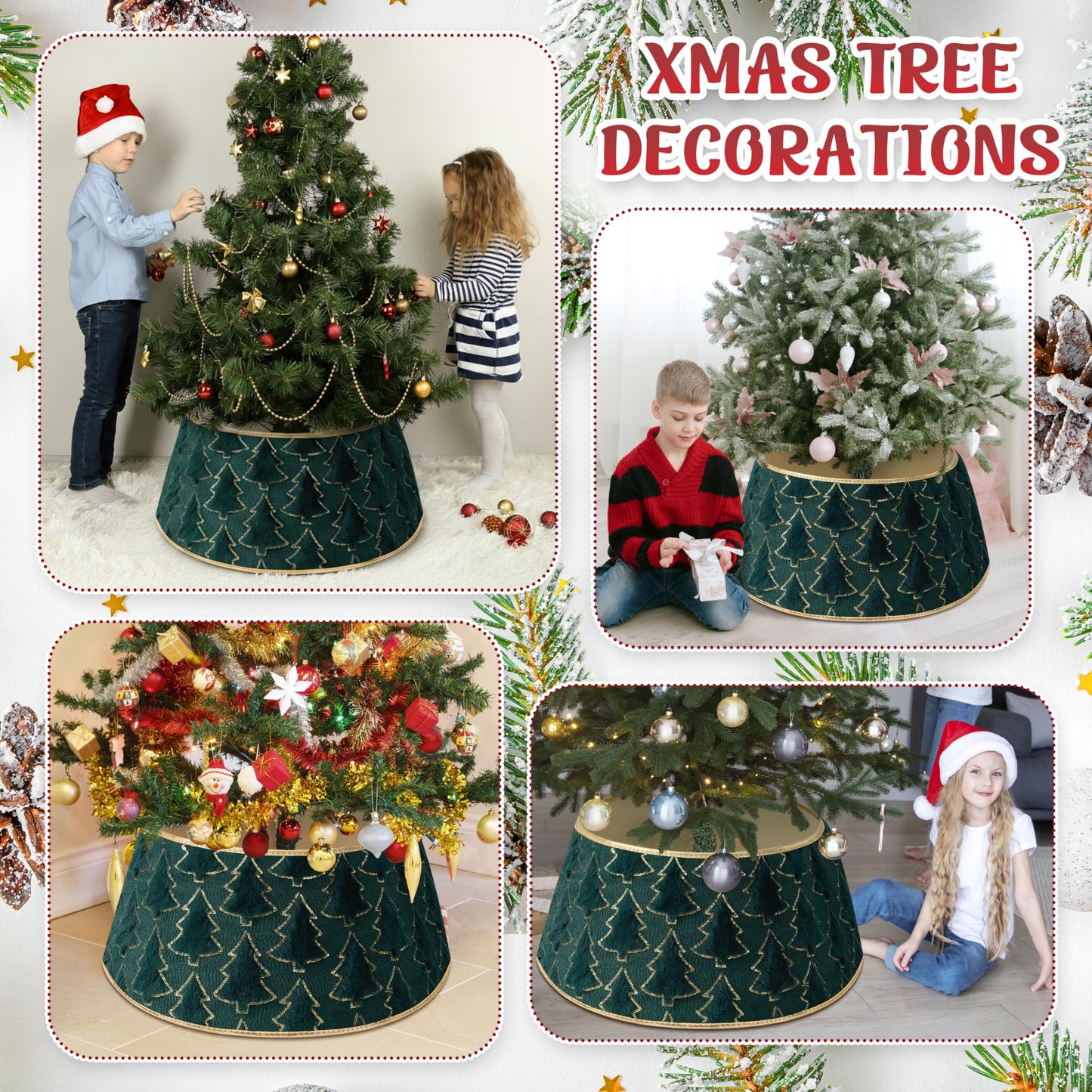 Faux Plush Christmas Tree Collar,Rustic Farmhouse Tree Skirt Ring with Xmas Tree Textured Pattern for Holiday Christmas Indoor Home Decor(Green)