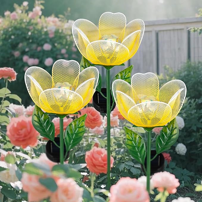 Flower Solar Lights for Outside,2 Pack Metal Flower Solar Lights for Outside,Tulip Solar Powered Garden Light Outdoor Decor,Housewarming Ornament for Patio, Lawn, Yard, Pathway (Breathing Light)