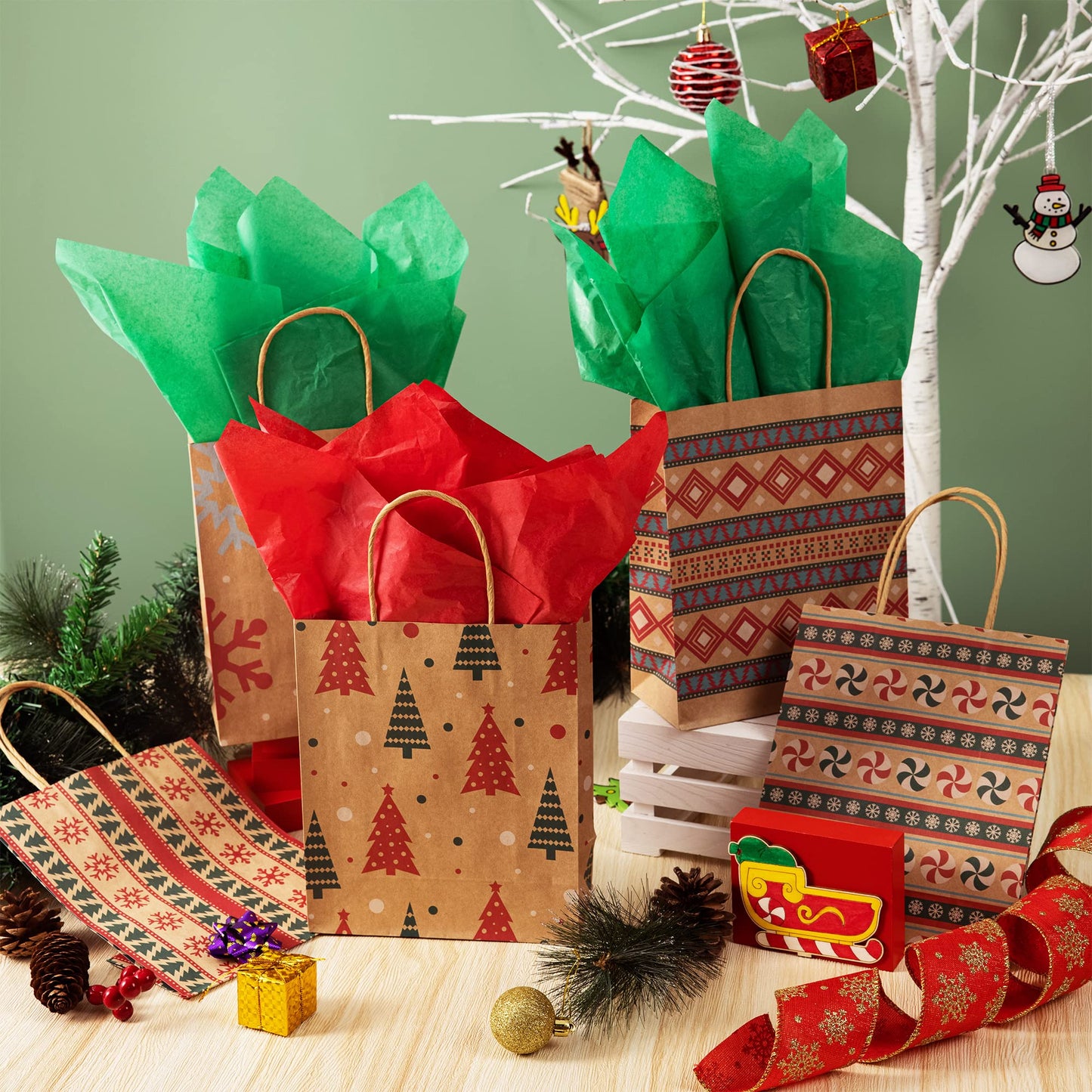 JOYIN 48 PCS Christmas Kraft Bags, Presents Wrapping Goody Treat Candy Bags with Handle Xmas Characters for Christmas Party Favors, Gift Giving, Holidays Decorations, Xmas Treat (7" x 9" x 3.5 ")