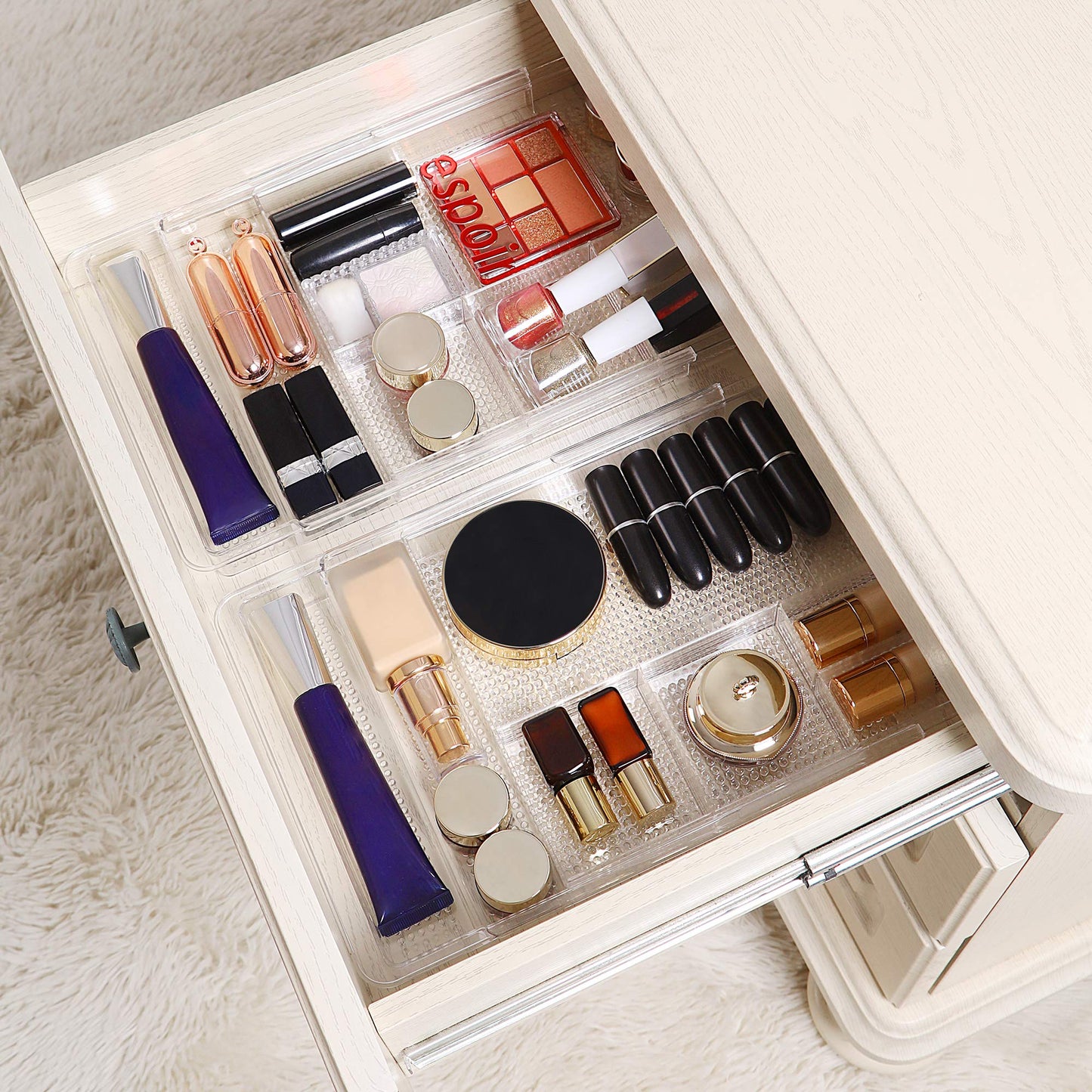 Oubonun Expandable Drawer Organizer 11.1” to 19.2” Width, Shallow Cosmetic Organizer 1.3” Height, 4 Packs, Clear Plastic Storage Trays for Dressing Table,Bathroom
