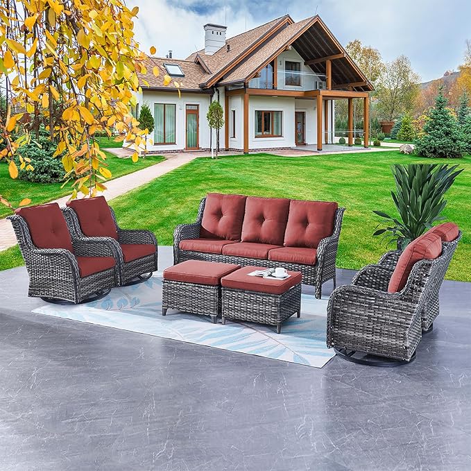 Rilyson Patio Furniture Swivel Chairs Set - 7 Piece Wicker Rattan Outdoor Sectional Conversation Sets with 4 Swivel Rocking Chairs,2 Ottomans and 1 Sofa for Porch Deck Garden(Mixed Grey/Red)
