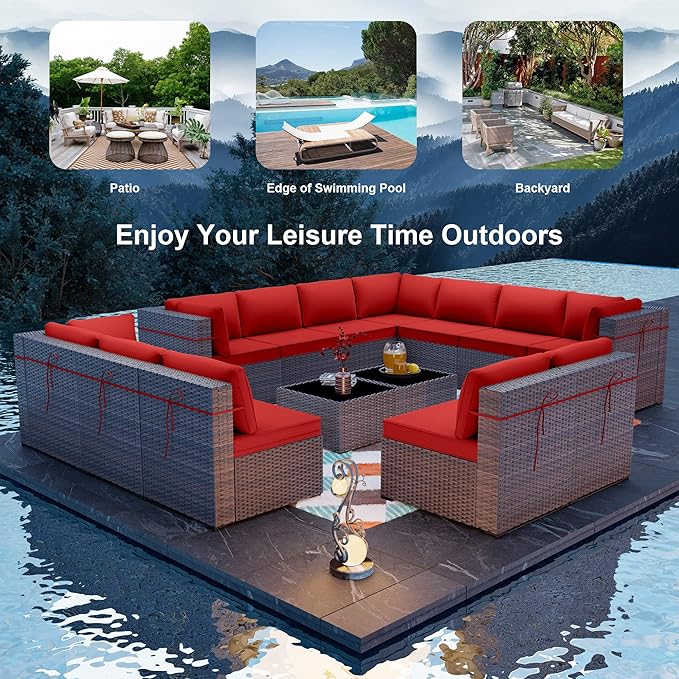 ALAULM 14 Pieces Outdoor Patio Furniture Set Sectional Sofa Sets Brown PE Rattan Patio Conversation Set w/12 Red Seat Cushions and 2 Coffee Tables