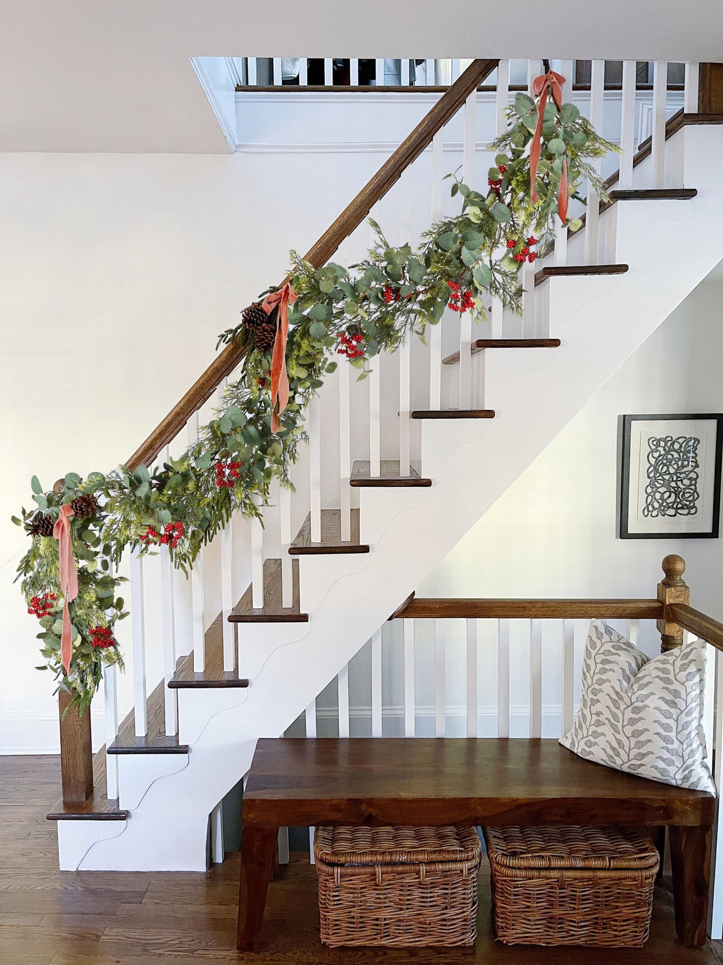 JoyHome 6ft Pine Christmas Garland, Artificail Red Berry Garland Christmas with Eucalyptus Leaves Cypress Garland for Home Decoration Holiday Mantel Table Decor