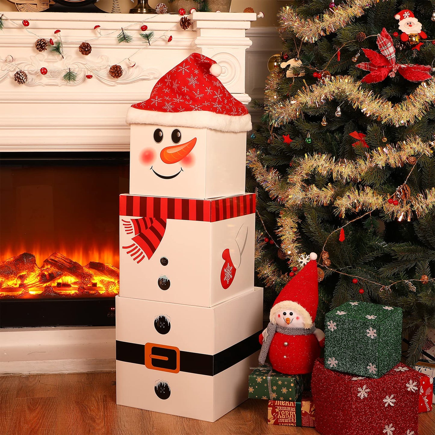 Marspark 4 Pieces Christmas Box Decoration Nesting Decorative Stackable Nesting Christmas Stacking Boxes(Snowman)