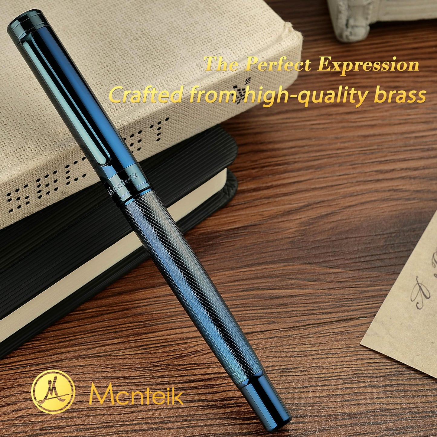 MCNTEIK Electroplated Blue Rollerball Pen, Stunning Luxury Pen with Mesh Texture Design、Schmidt Ink Refill, Nice Gift Set for Men & Women, Business, Executive, Office, Fancy, Nice Fancy Designer Pens