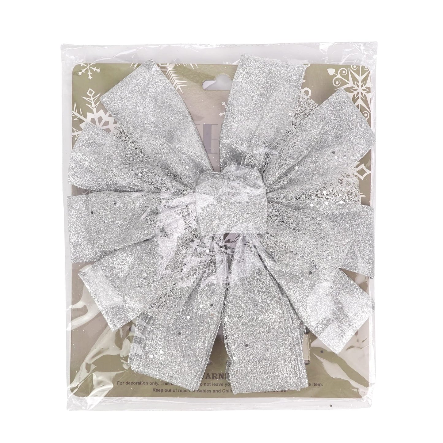 MEEDEE Silver Christmas Tree Topper Silver Glitter Christmas Bows 12" Wide Snowflake Ribbon Bow Silver Christmas Bows Silver Tree Topper Silver Bows for Christmas Tree (1 Pack)