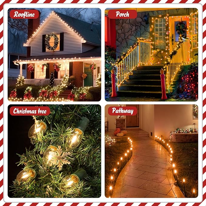 50 FT C9 LED Christmas Lights Outdoor With Clips, Large Bulb String Lights, Warm White Roofline Lights for House and Garden Xmas Decoration