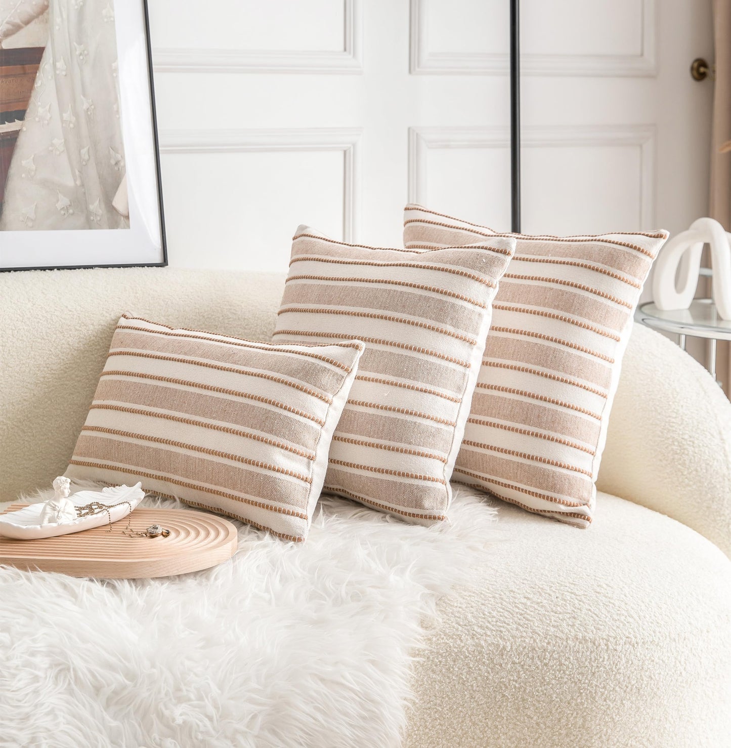 Cethom Decorative Boho Throw Pillow Covers, Farmhouse Textured Pillow Case, 20 x 20 Inch Set of 2, Chair Sofa Bedroom Living Room Home Decor Couch Cushion Case, Brown and Beige Striped