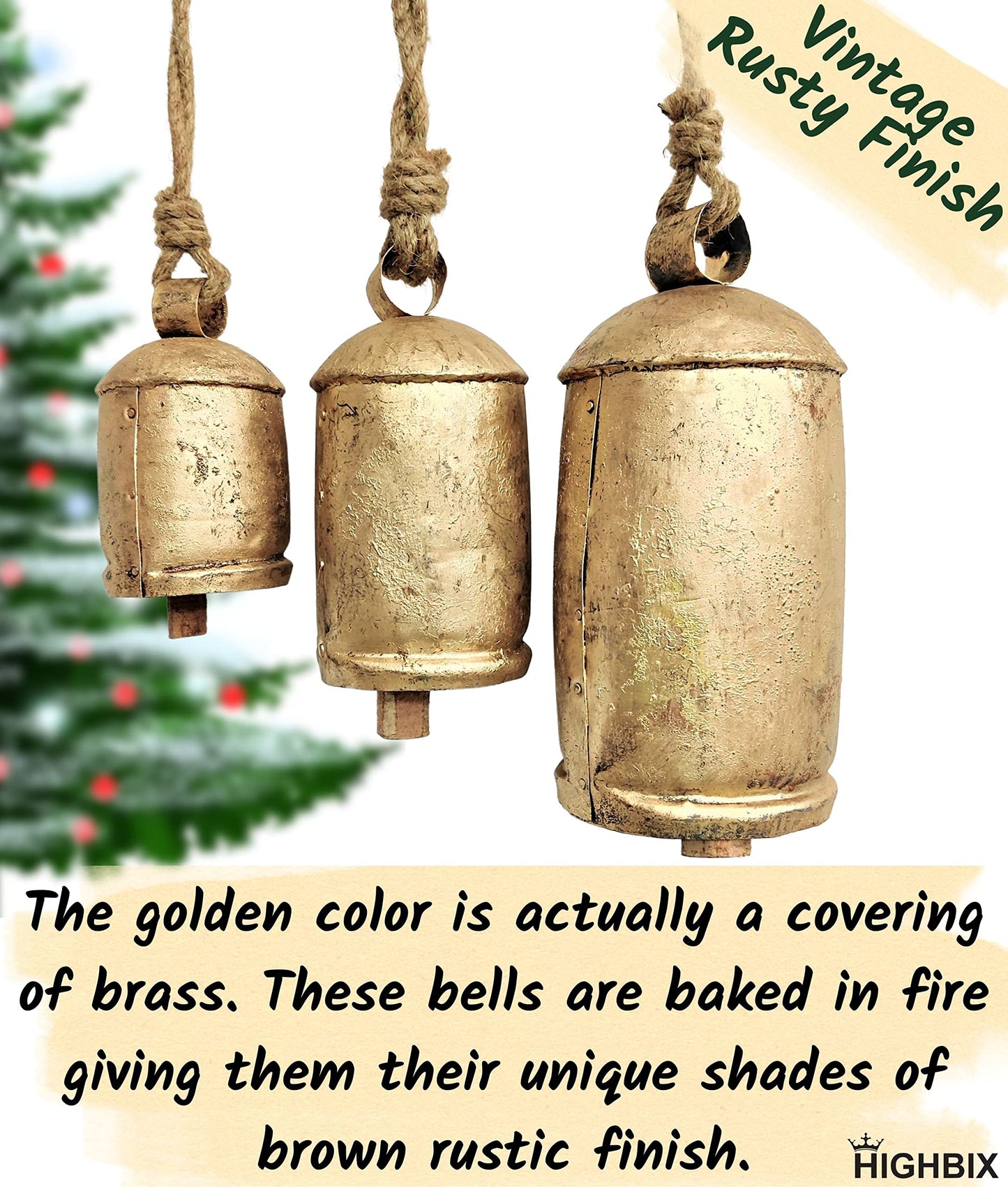 HIGHBIX Set of 3 Giant Harmony Cow Bells Huge Vintage Shabby Chic Handmade Rustic Lucky Christmas Hanging XL Bells On Rope Country Rustic (Extra Large)