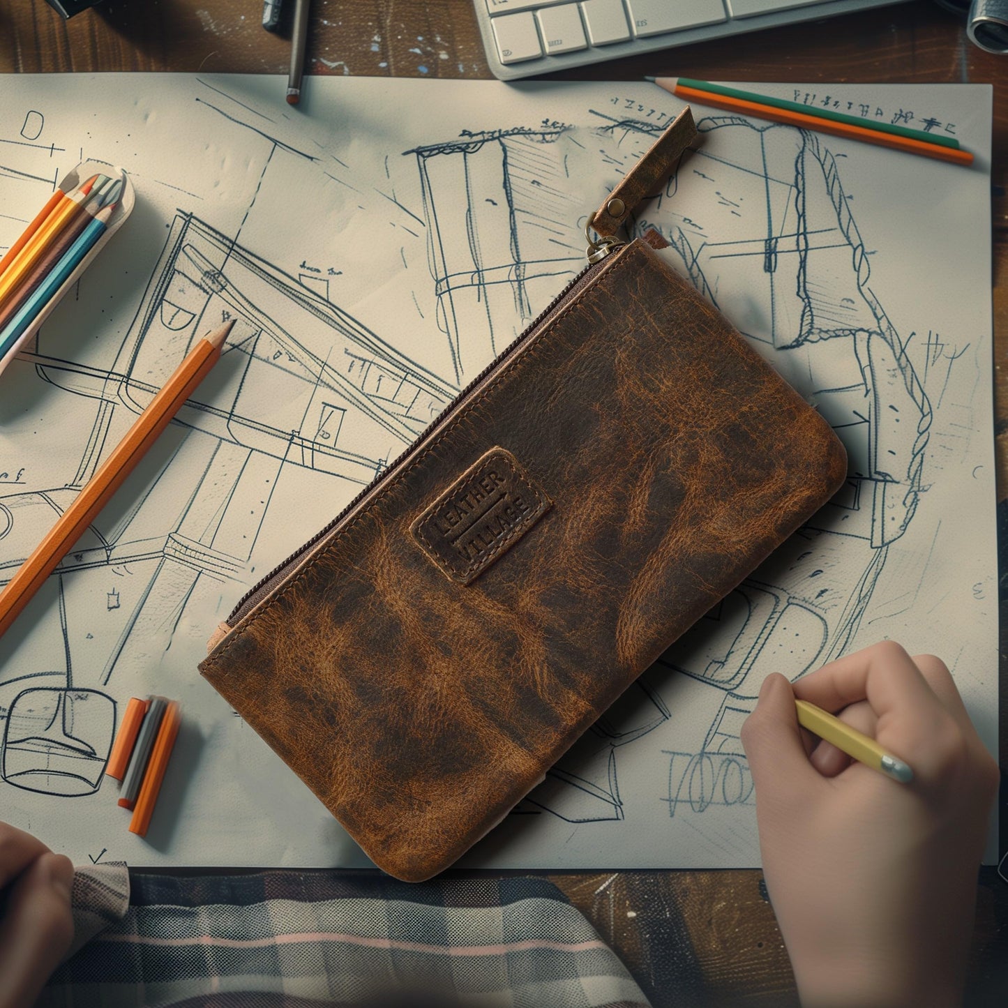 LEATHER VILLAGE Leather Pencil Pouch Pen Case - Rustic/Vintage Brown - 8"X4"- Double Pocket - Elegant and Practical Zipper Pouch Holder for Artists, Men, and Women