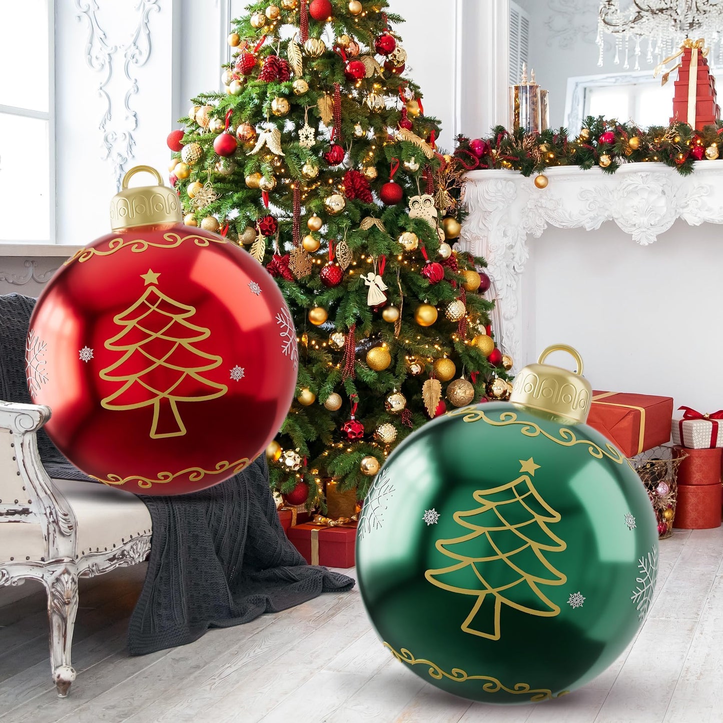 2PCS 24 Inch Inflatable Christmas Ornaments Balls, PVC Giant Blow up Christmas Ornaments, Blow up Jumbo Xmas Balls Outdoor Jumbo Ornament for Outside Holiday Yard Lawn Decor(Red Green Tree)