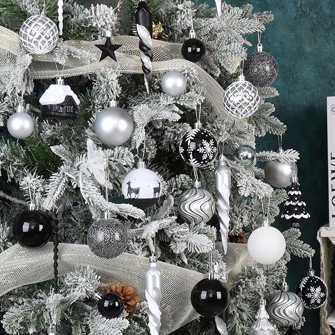 124Ct Black White and Silver Christmas Tree Ornaments Set,Shatterproof Assorted Christmas Decorations for Xmas Tree Snowflake Icicle House Ball Ornaments Baubles for Holiday Party(Black White Silver)