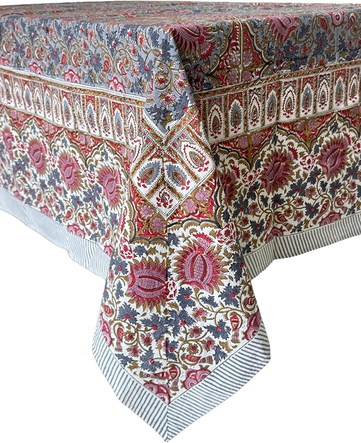 ATOSII Bella 100% Cotton Square Summer Tablecloth, Indian Block Print Floral Table Cloth I Dining Parties Weddings Outdoors Holidays 60 X 60 Inches, 4 Seater I Grandmillennial Farmhouse Boho
