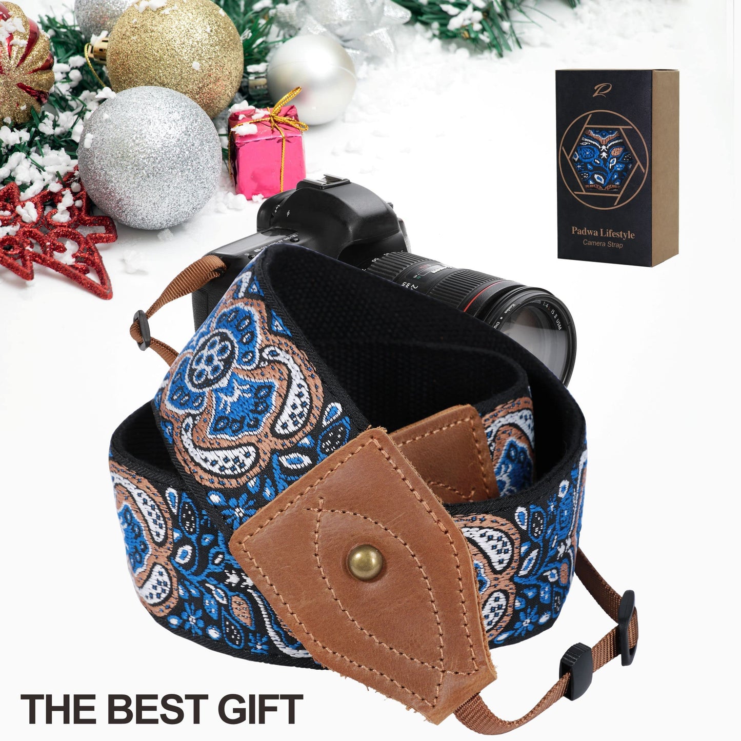 Padwa Lifestyle Camera Strap - 2" Wide Crazy Horse Art Cowhide Head,Vintage Jacquard Embroidery Camera Straps for Photographers Gift, Adjustable Shoulder Neck Strap Fits DSLR Cameras(Elegant Blue)