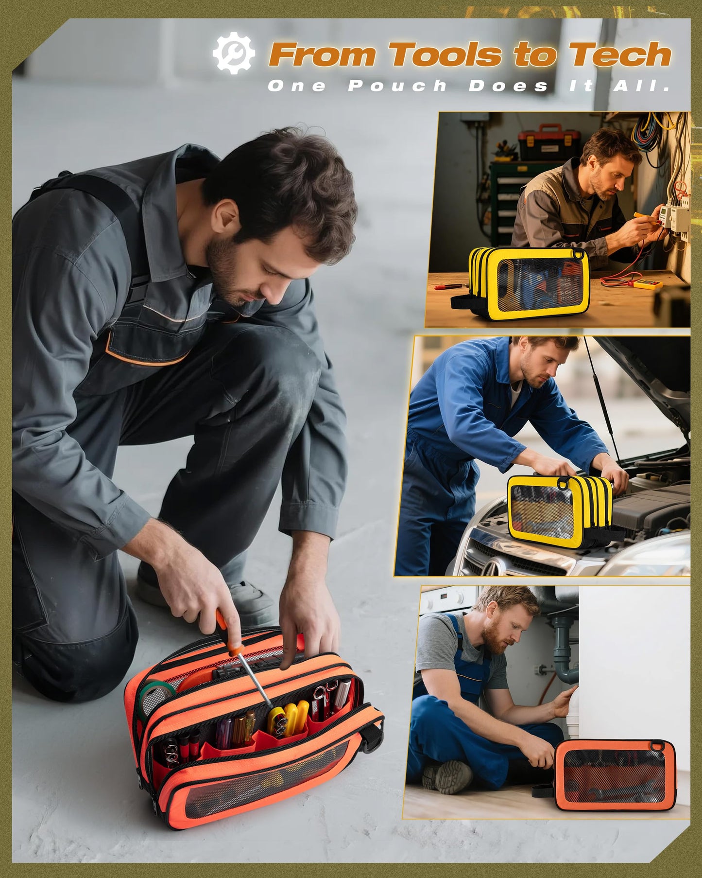 Marscamd 2 Pack Tool Pouch with Dual Compartments, 12” Tool Bag with Detachable Shoulder Strap, Carry Handle and Translucent Window, Orange-red/Yellow