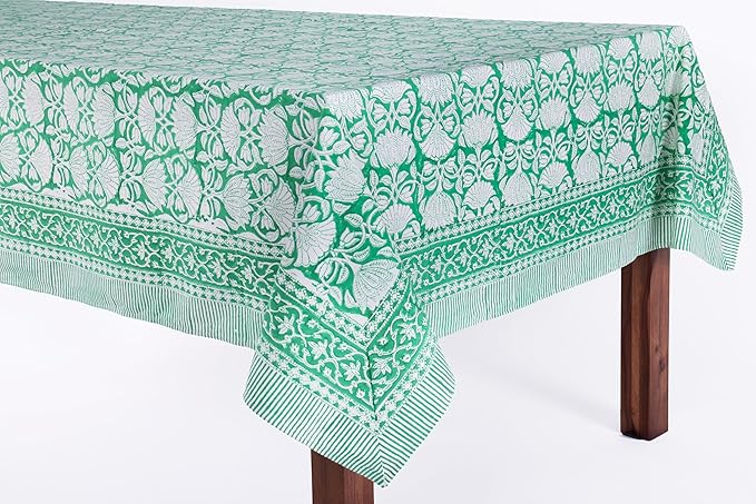 ATOSII Meadow Green 100% Cotton Rectangle Boho Summer Tablecloth, Block Print Floral Table Cloth Linen for Dining, Parties, Wedding, Outdoors Home Decor 72 X 108 Inches I 8 Seater