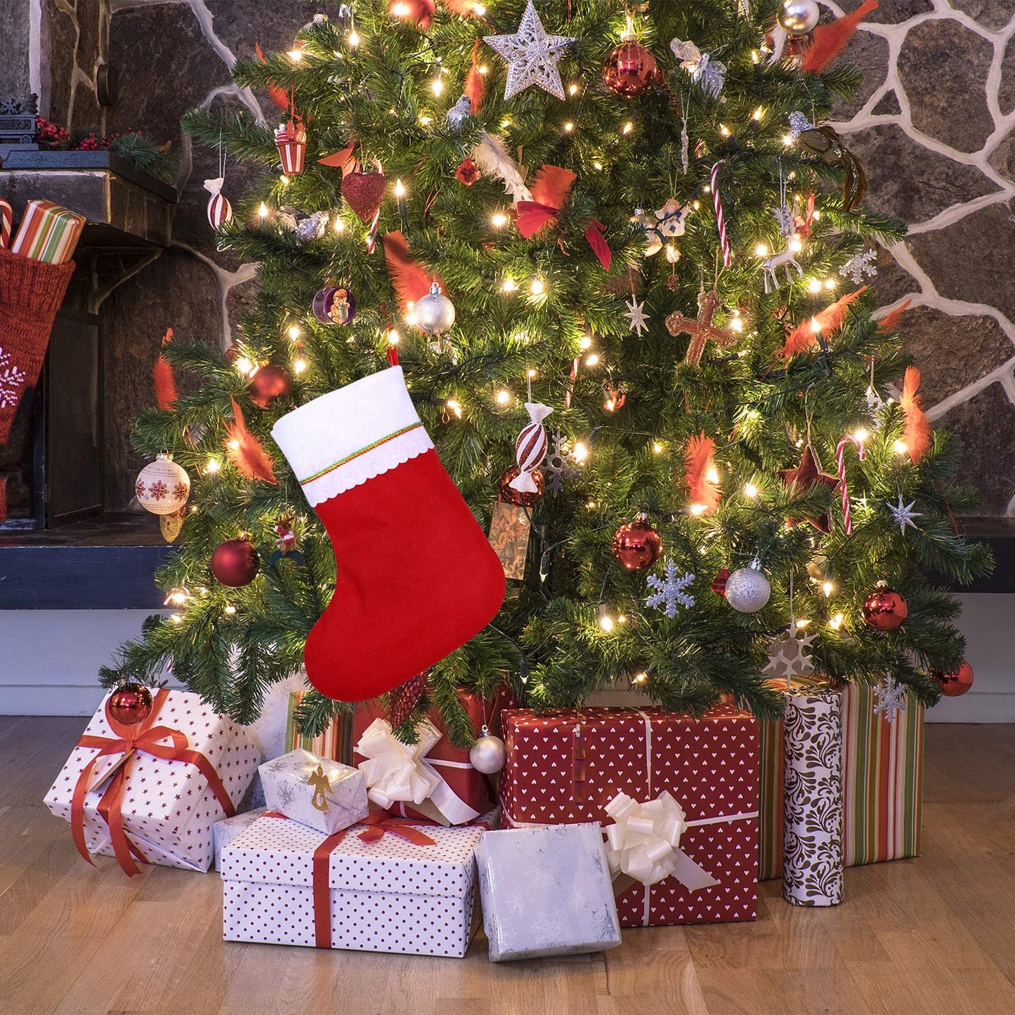 Cooraby 16 Pack Red Felt Christmas Stockings 15 Inches Xmas Fireplace Hanging Stockings Holiday Decorations Stockings for Christmas Decorations