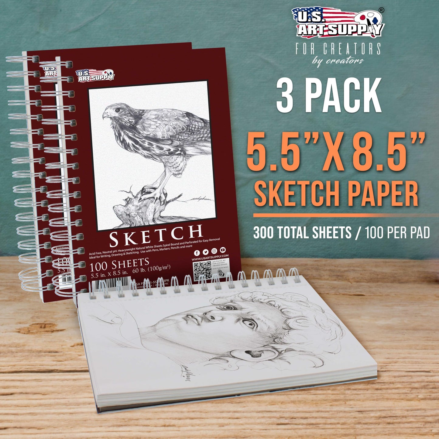 U.S. Art Supply 5.5"x8.5" Sketch Book Pad, 3 Pack (100 Sheets Each), 60lb (100gsm) Spiral Bound - Sketching, Drawing Pad, Acid-Free Paper - Sketch Pads for Adults, Students: Colored Pencils, Charcoal