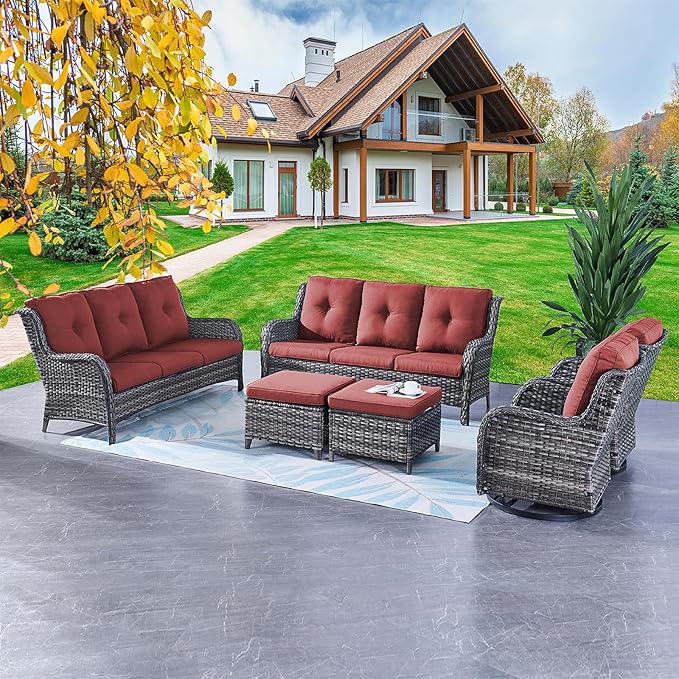 Rilyson Wicker Patio Furniture Set - 6 Piece Rattan Outdoor Sectional Conversation Sets with 2 Rocking Swivel Chairs,2 Ottomans and 2 Sofa for Porch Deck Garden(Mixed Grey/Red)