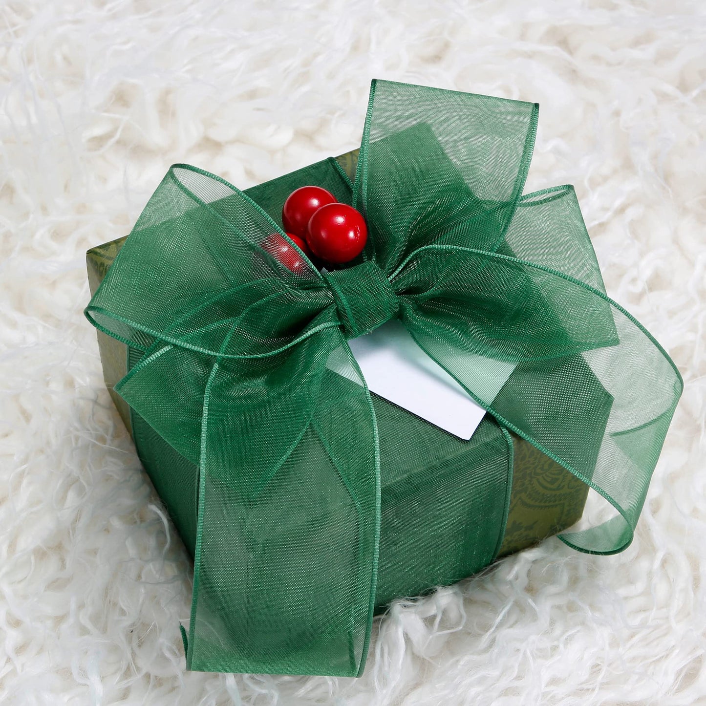 VATIN Forest Green Organza Wired Ribbon, 1-1/2" Green Sheer Ribbon with Metallic Edge for Christmas Tree Decoration Gift Wrapping Wedding Crafts -25 Yards