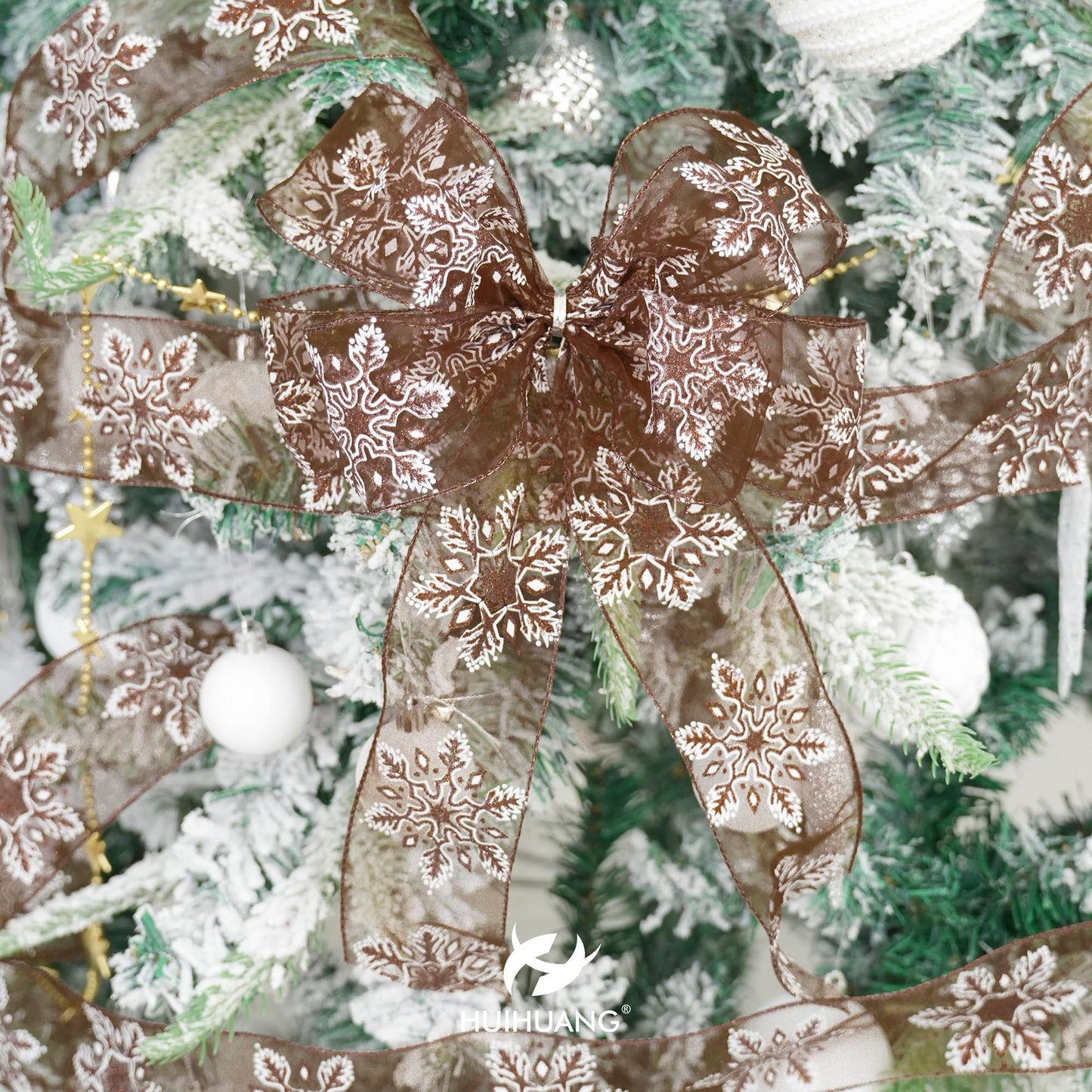 HUIHUANG Snowflake Sheer Wired Ribbon Brown Glitter Snowflakes Ribbon for Christmas Tree Decorations, Bows Making, Wreath, Gift Wrapping, Garlands, Fall Decor- Continuous 25 Yards