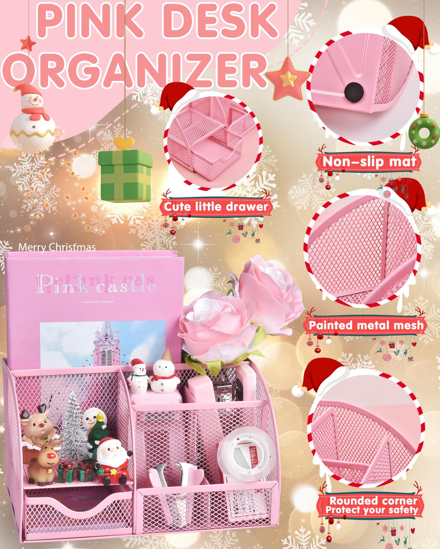 Pink Desk Accessories, 24Pcs Pink Office Supplies and Desk Organizers, with Tape Dispenser, Stapler, Staple Remover, Ect, Gift Box Packaging
