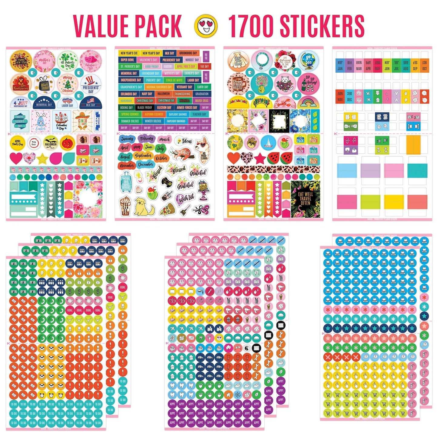 Mirida Planner Stickers – 1700 Productivity Mini Icons for Adults Calendar – Work, Daily To Do, Budget, Family, Holidays, Journaling – Variety Pack with Monthly Tabs