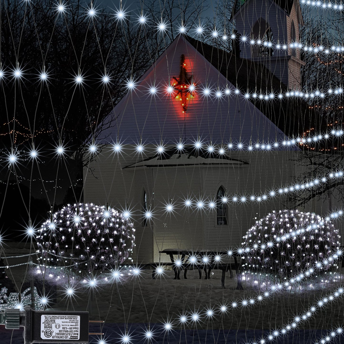 Cool White Net Lights, 360 LED Outdoor Christmas Net String Lights, 21 ft x 5 ft Large Net Mesh String Lights, 8 Modes Twinkle Lights Connectable Plug in for Bushes Christmas Yard Garden Party Decor