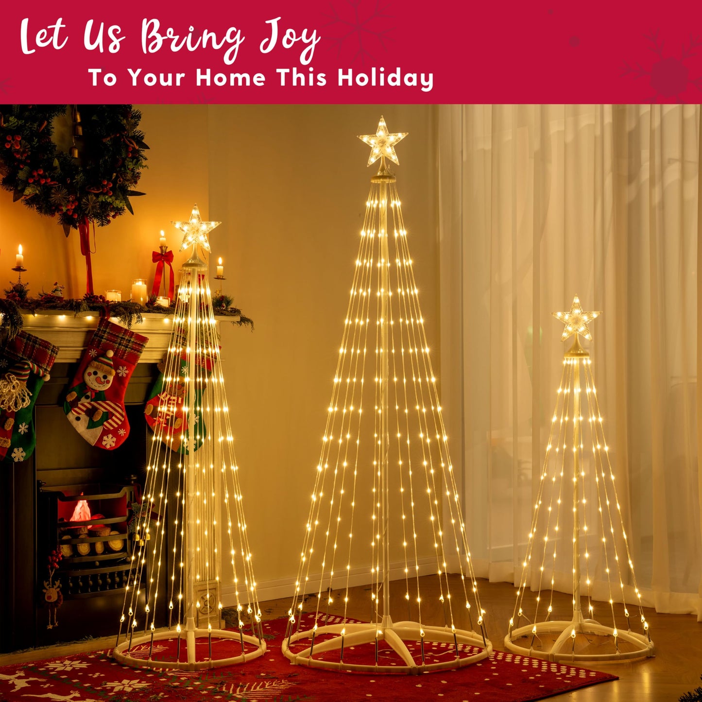 JOYIN 3 Pack LED Christmas Cone Tree Lights, 4FT 5FT 6FT Outdoor Lighted Tree with 8 Lighting Modes & Star Topper, Christmas Decorations for Yard Porch Patio Garden Holiday Decor, Warm White