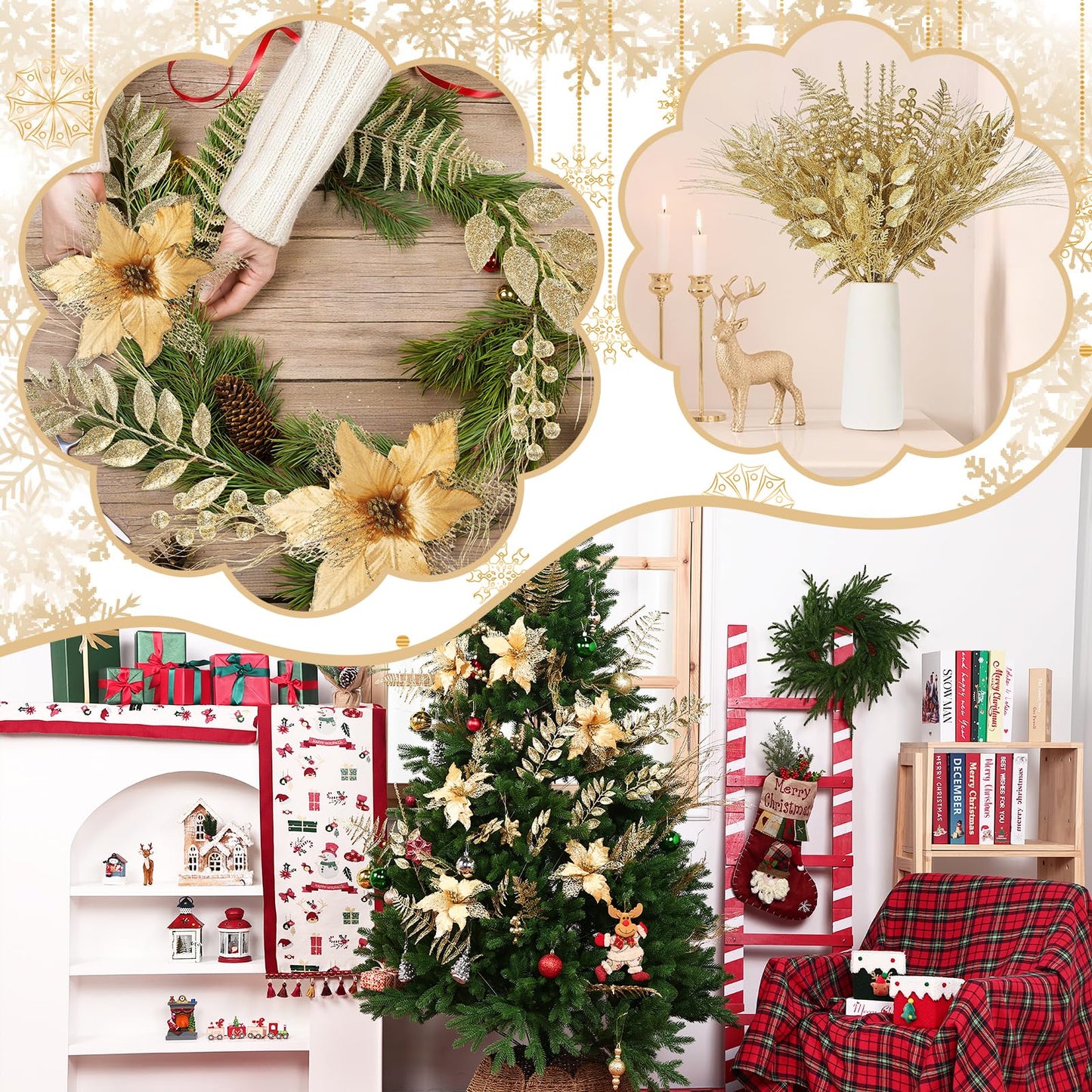 60 Pcs Christmas Tree Decorations Champagne Christmas Picks and Sprays 9 Style Xmas Ornaments of Glitter Poinsettia Flowers Artificial Branches Fern Berry Stems for Vase Fillers Wreath Holiday Party