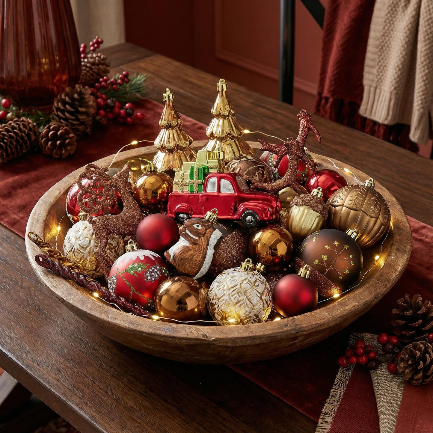 Valery Madelyn Christmas Ornaments Set, 60ct Red and Brown Shatterproof Christmas Tree Decorations, Woodland Hanging Ball Ornaments Bulk for Xmas Holiday Decor