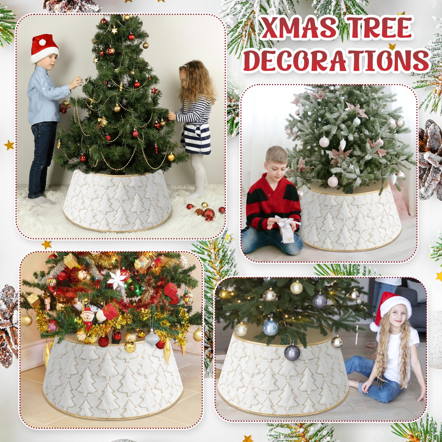 Faux Plush Christmas Tree Collar,Rustic Farmhouse Tree Skirt Ring with Xmas Tree Textured Pattern for Holiday Christmas Indoor Home Decor(White)