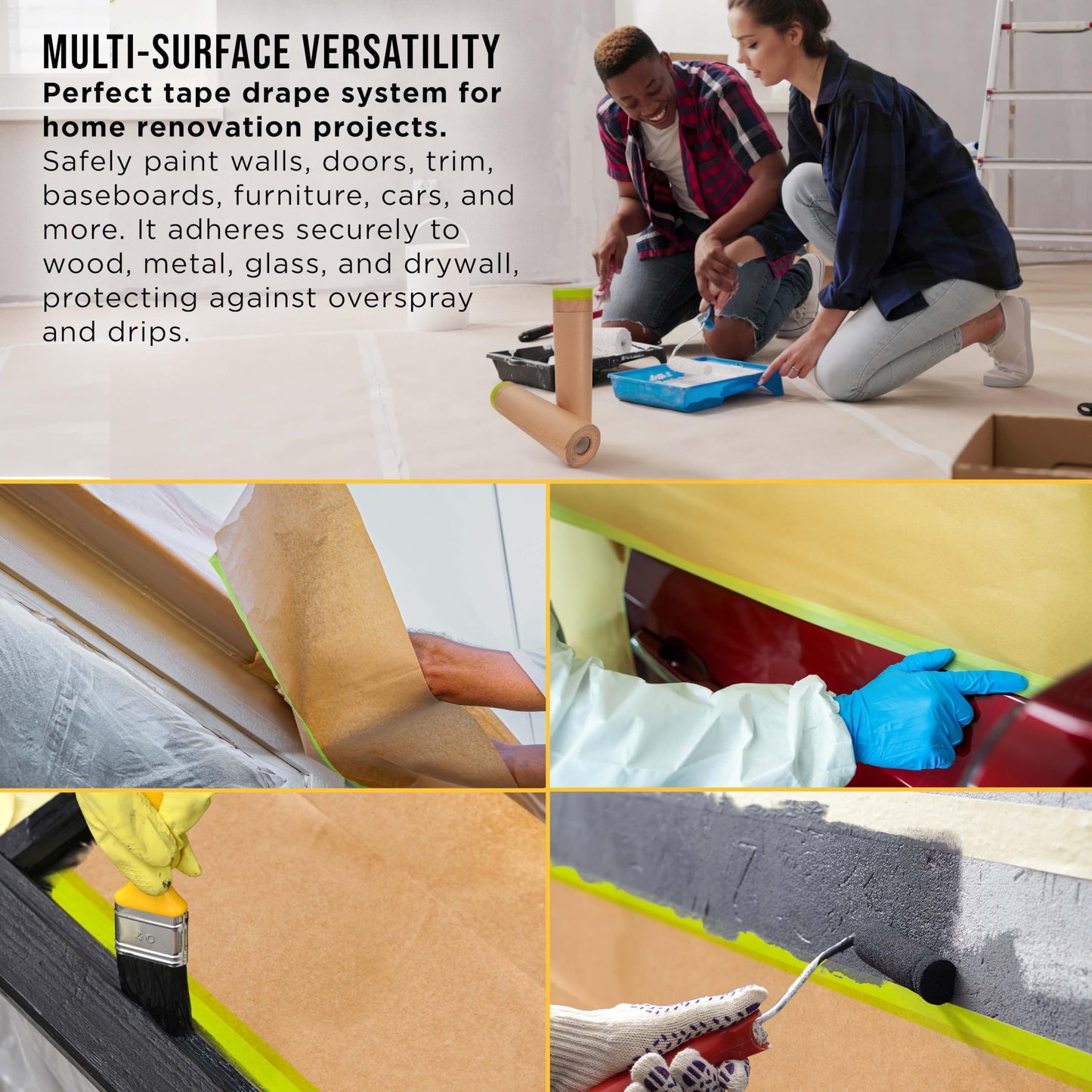 Dura-Gold Pre-Taped Masking Paper for Painting (18" x 50', 2 Rolls) - Tape and Drape Painters Paper, Protective Covering, Overspray Barrier for Home Renovation Projects, Walls Doors, Furniture, Cars