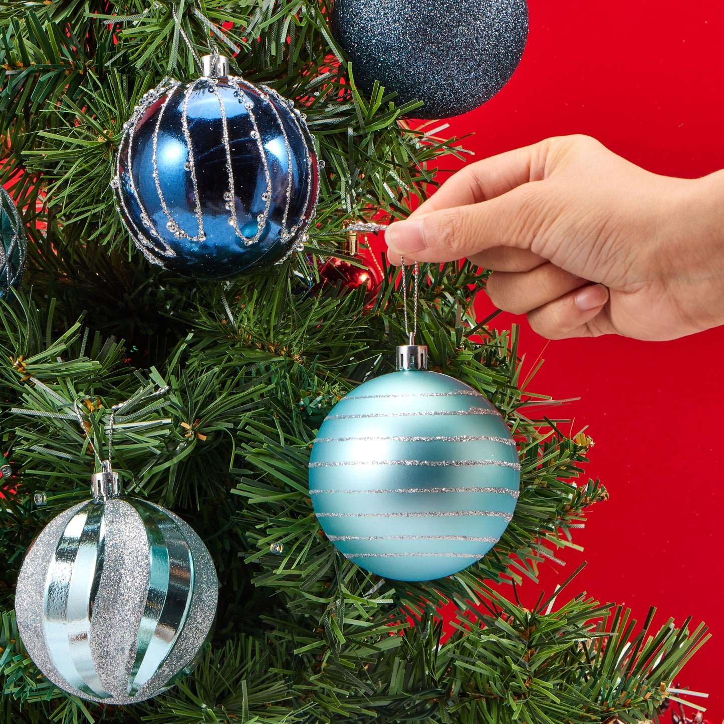 JOYIN 12 Pcs Blue Silver Christmas Balls Ornaments Set, 3.15'' Glittering Tree Hanging Christmas Decorations, Xmas Large Shatterproof Indoor Decor for Tree Wreath Holidays Wedding Party