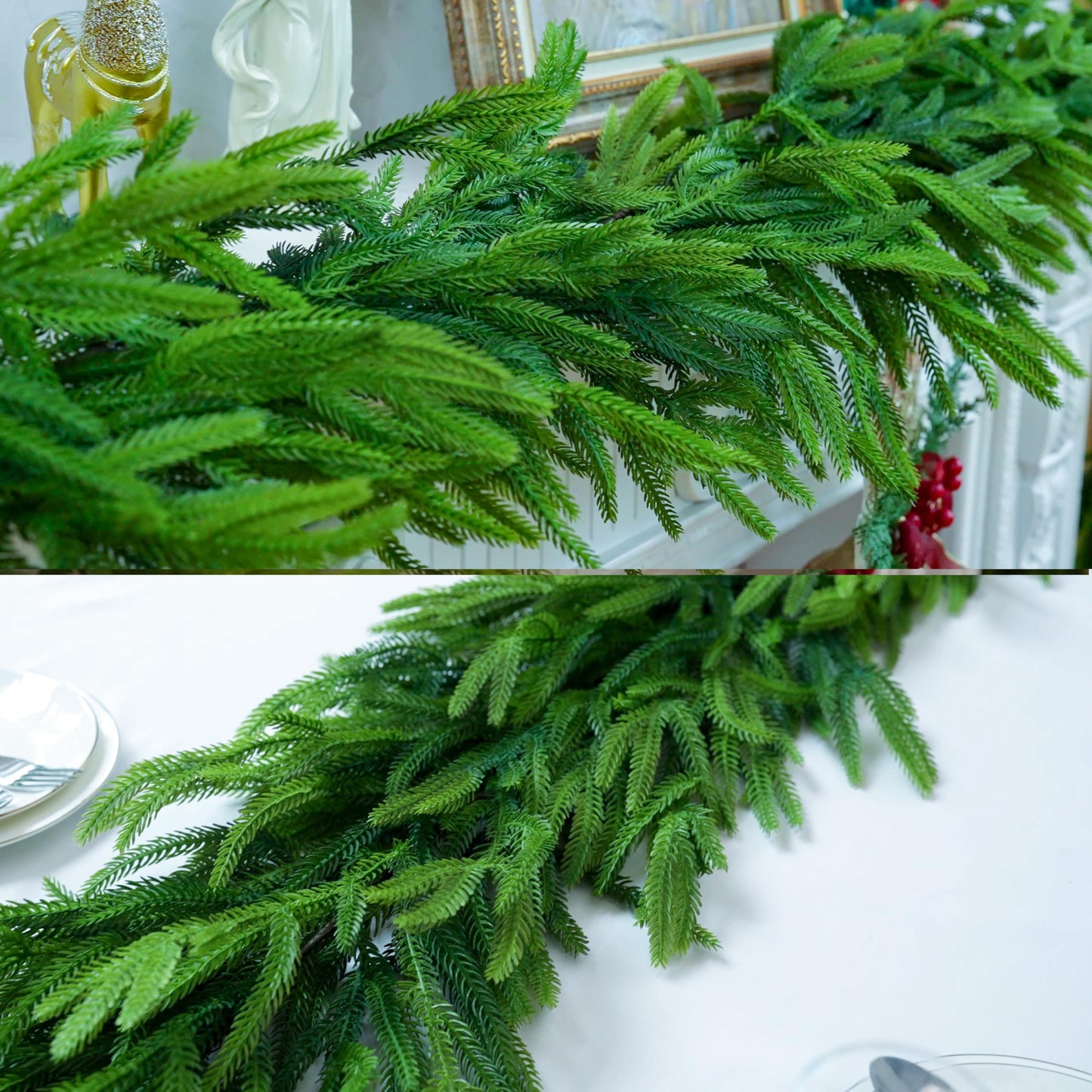 12FTx1 Extra Full Christmas Garland Real Touch Norfolk Pine Garland Faux Greenery Garlands Christmas Decorations Norfolk Pine Garlands for Stairs, Railing,Table Holiday Seasonal Indoor Mantle Decor