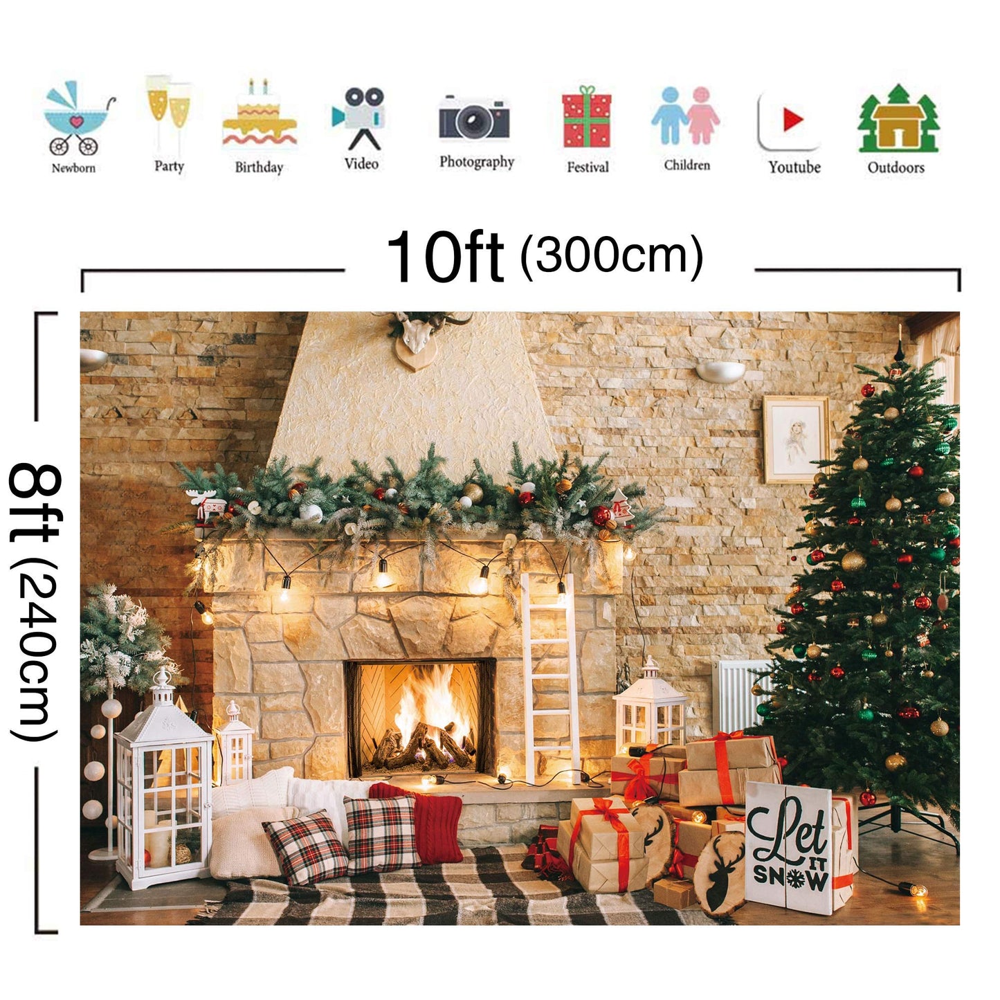 Haboke 10x8ft Christmas Fireplace Theme Backdrop for Photography Christmas Tree Decorations for Xmas Party Supplies Background Pictures Banner Photo Studio Decor Booth Props