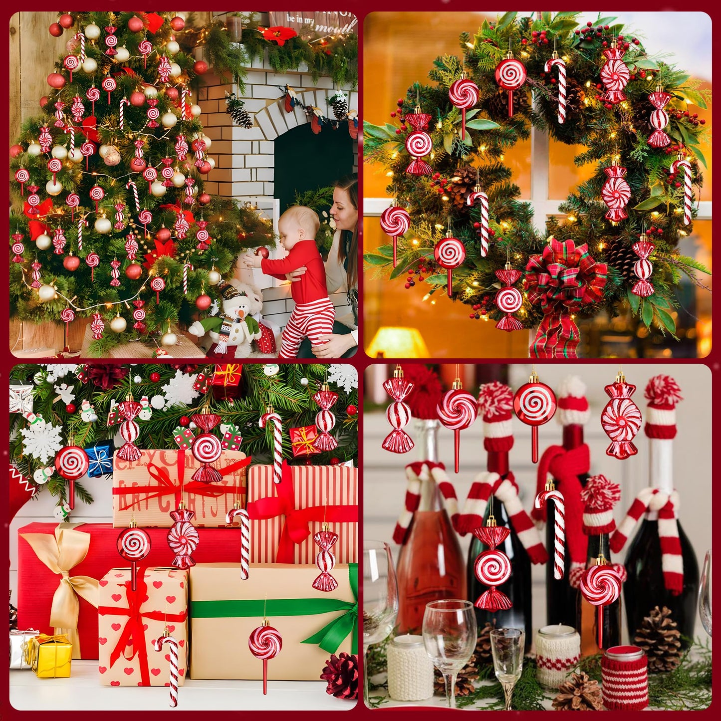 36 Pcs Christmas Candy Ornaments Hanging Glitter Candy Cane Christmas Tree Decoration Red Plastic Peppermint Lollipop Ornament with Golden Ropes for Xmas Home Party Decorations