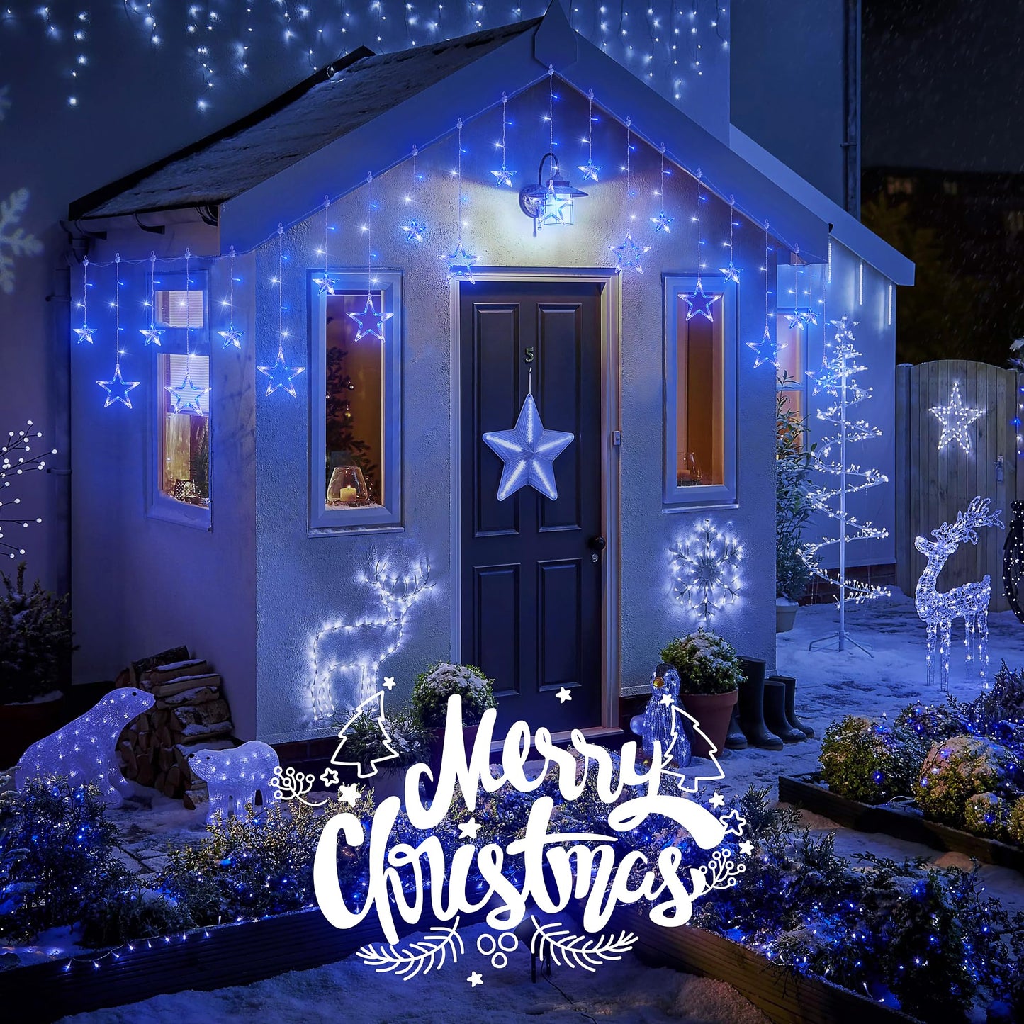 MYGOTO 126L Blue White Christmas Star Icicle Lights, 8.2FT Clear Curtain Fairy String with Connectable, Timer 8 Modes Memory, Waterproof Hanging for Eaves, Party, Wedding Indoor Outdoor Decorations