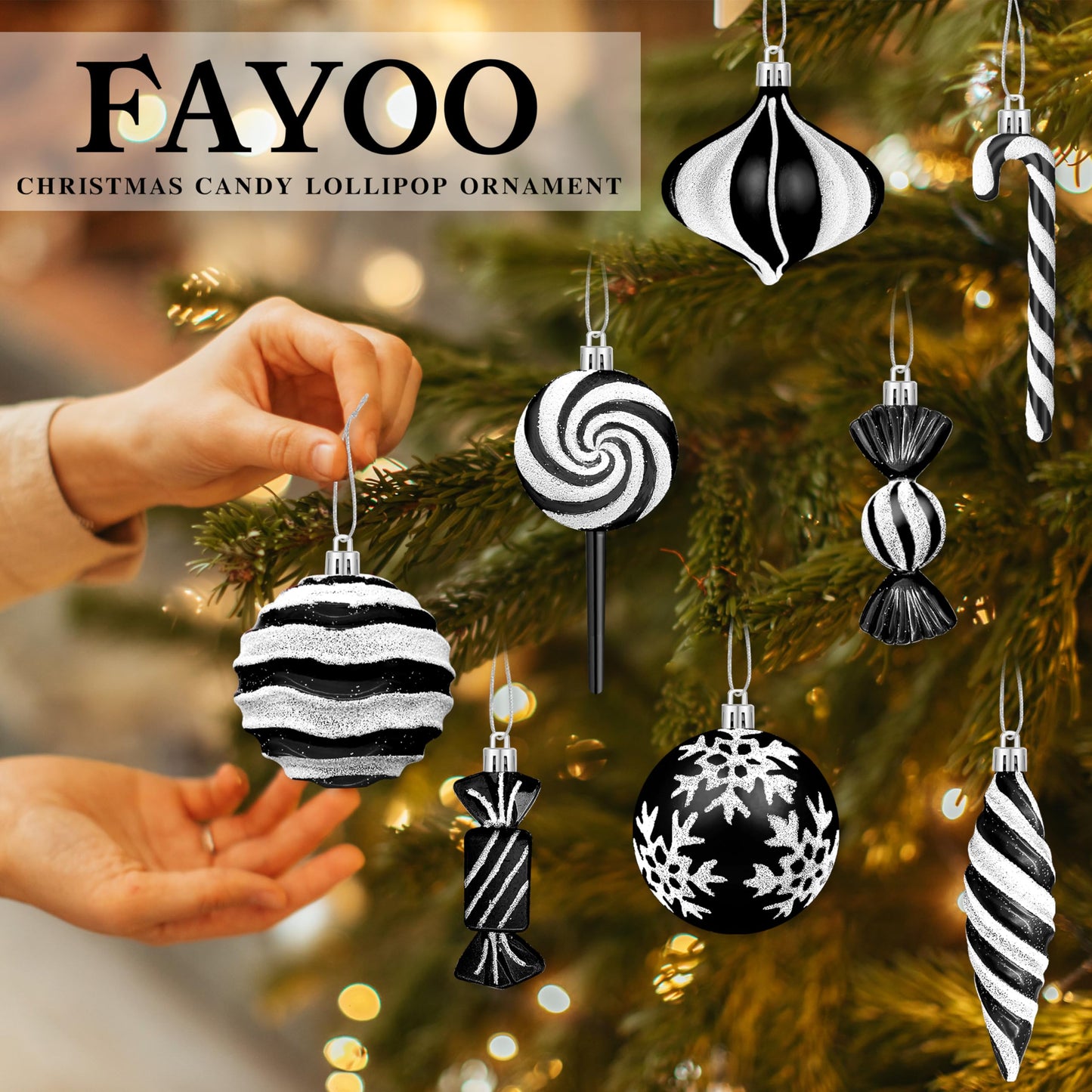 Candy Christmas Ornaments Set, Candy Cane Ornaments for Christmas Tree, Black Christmas Tree Decor 48pcs