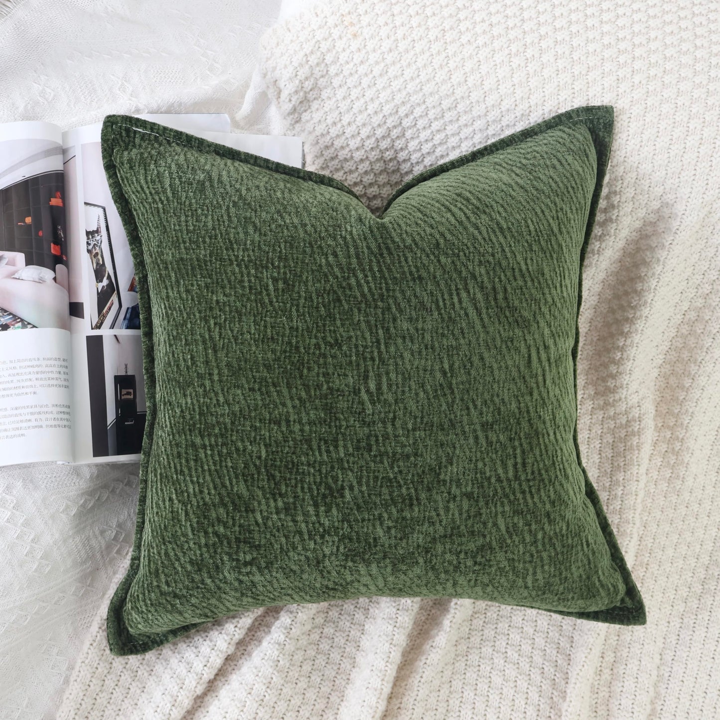 OYIMUA Chenille Throw Pillow Covers 20x20 Christmas Green Set of 2,Neutral Textured Square Decorative Pillow Covers Accent for Couch Sofa Bedroom Living Room