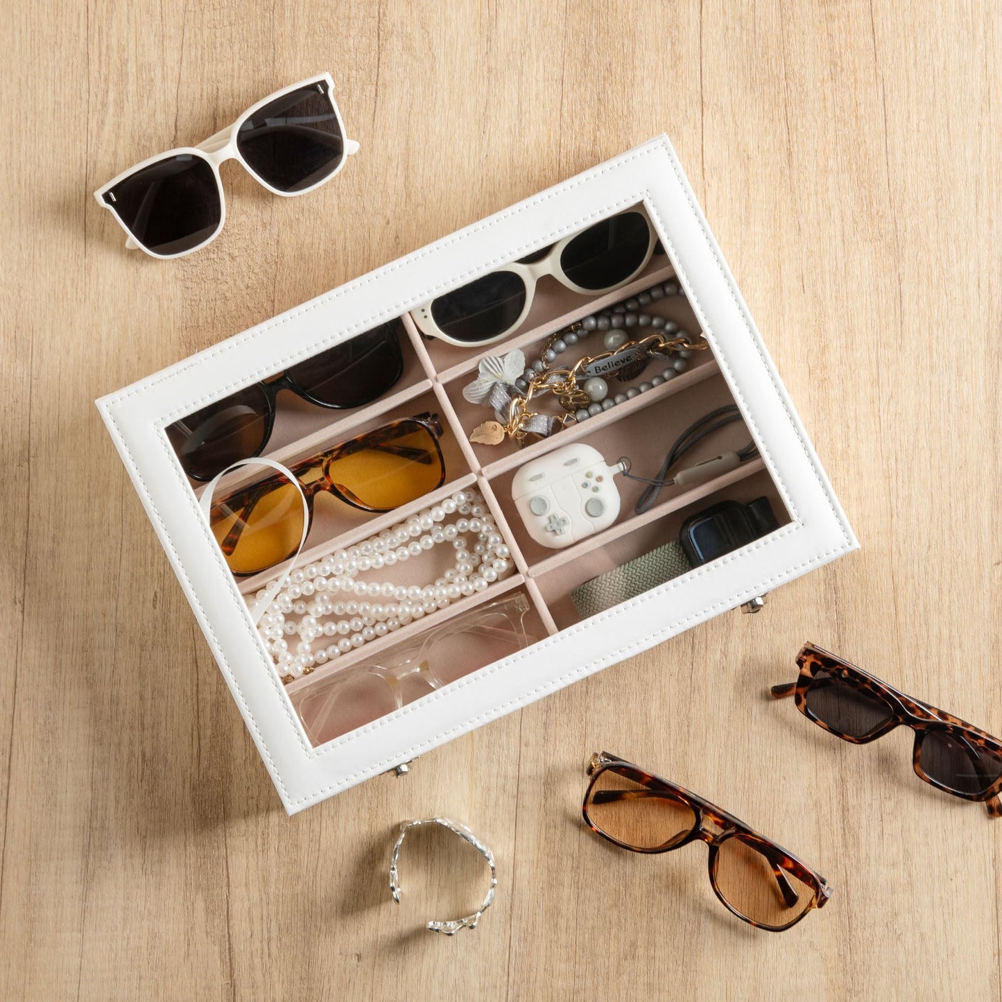 Frebeauty Sunglass Organizer,PU Leather Glasses Organizer,8-Slot Sunglasses Tray with Clear Lid,Men's/Women's Sunglasses Box,Sunglass Case,13.3x9.65x2.48 Inches,Eyeglass/Eyewear Display Tray(Grey)